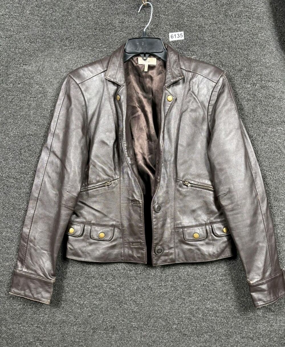 Metro 7 Genuine Leather Jacket Womens 10 Chocolate Gold Studs Button Biker *READ